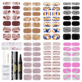 DUKASOU 7 Set Semi Cured Gel Nail Strips, Gel Nail Strips Work with Any UV Lamp, Nail Diamond & Painting Pens,Gel Nail Stickers Full Nail Wraps, includes Prep Pads, Nail File & Wood Stick