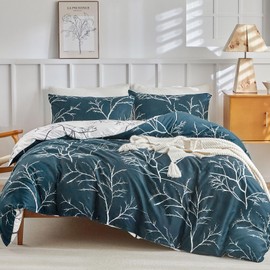 Tokokimo Blue Single Duvet Cover Set, Botanical Branch Printed Single Bedding Sets 2pcs (1x Duvet Cover + 1x Pillowcase) Soft Microfibre Single Duvet Cover Blue 135x200 cm, Blue/Printed