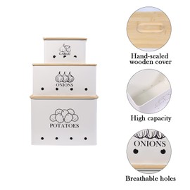 Kitchen Vegetable Storage Tins Set of 3 for Potato Onion & Garlic with Wooden Lid and Aerating Holes, Kitchen Storage Canisters Set, Vintage Kitchen Decor - White