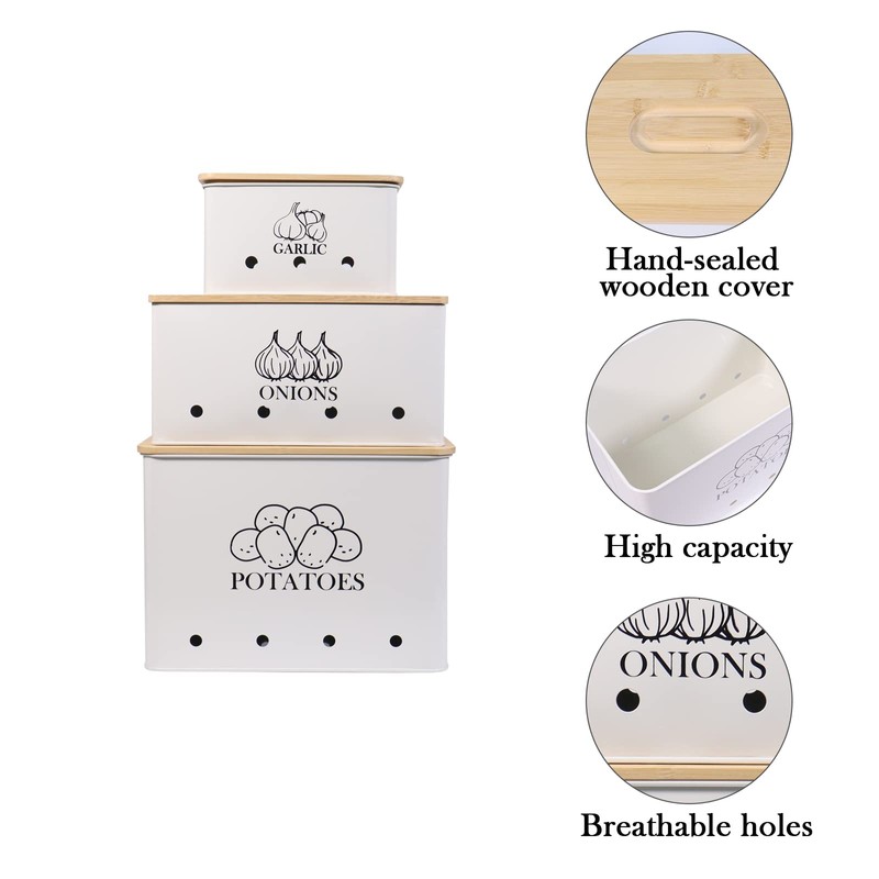 Kitchen Vegetable Storage Tins Set of 3 for Potato Onion