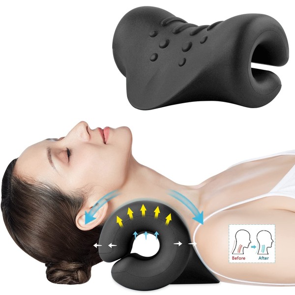Neck and Shoulder Relaxer,Portable Cervical Traction Device Neck Stretcher,Neck Posture Corrector Chiropractic Pillow for TMJ Pain Relief and Cervical Spine Alignment,Black
