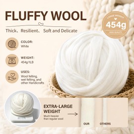Ramlur White Felting Wool, 454g/1lb Wool Roving, Wool Felting Yarn