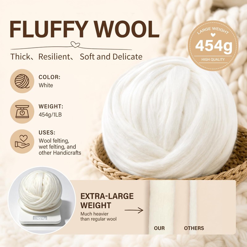 Ramlur White Felting Wool, 454g/1lb Wool Roving, Wool Felting Yarn