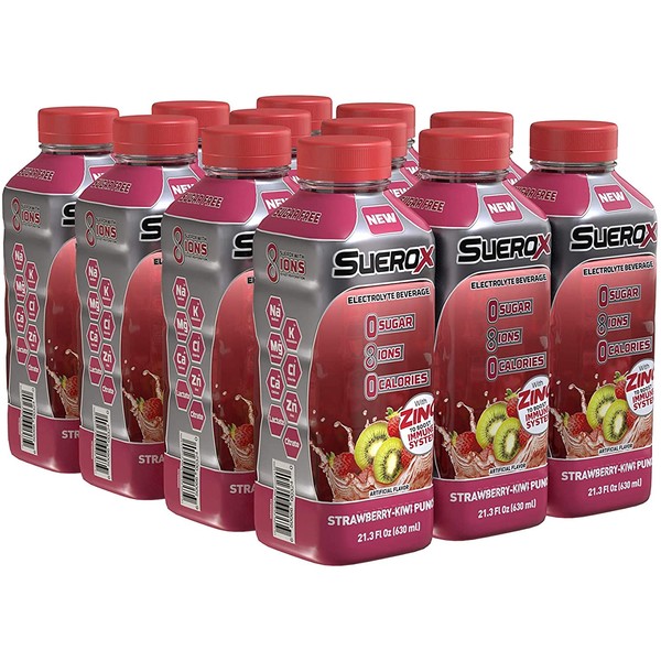 SueroX Zero Sugar Electrolyte Drink for Hydration and Recovery, Strawberry-Kiwi Punch, 21 Ounce, 12 Count