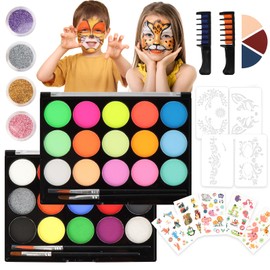 Children's Make-Up Set, 15 Colours Make-Up Colours, Make-Up Palette, Theatre Make-Up Set with Hair Comb, Triangular Powder Puff, Makeup Stencil, Tattoo Stickers, Glitter for Children and Adults