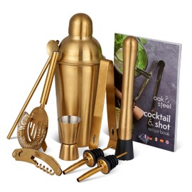 Oak & Steel 10-Piece Complete Professional Stainless Steel Cocktail Shaker - Valentine's Day, Wedding Anniversary Gift Set with Cocktail & Shot Recipe Book - Gold