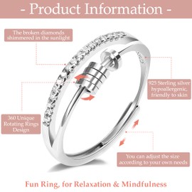 Anxiety Spinner Rings for Women, 925 Sterling Silver Rings, Adjustable Finger Ring, Stackable Thumb Ring, Relief, Fidget Anxiety Ring, Anti-Stress Jewellery Gifts, Silver, No Gemstone
