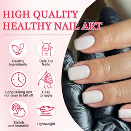 Viugex 24PCS White Press on Nails Short Square, Solid Color Glossy False Nails, Natural Acrylic Full Cover Fake Nail Set, Artificial Elegant French Stick on Nails for Women Girls Nail Art Decorations