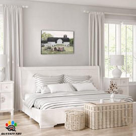 Farmhouse Wall Art - Barn Pictures Wall Decor, White Barn & Flowers Canvas Print For Kitchen Decor, Modern Rustic Landscape Painting, Vintage Cars Artwork Framed For Living Room Wall Decor12×18 inches