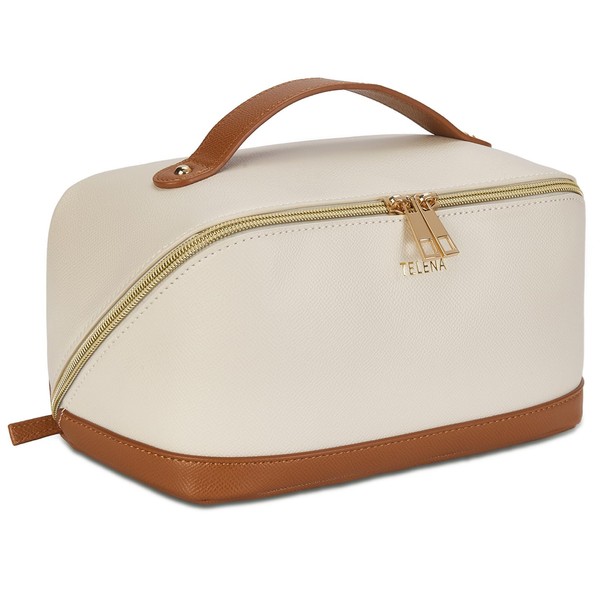 Telena Toiletry Bag for Women PU Leather Travel Cosmetic Bag Wash Bag Women Makeup Bags Suitcase Organiser Bag, 0-beige brown, Toiletry bag
