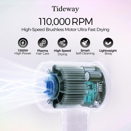 Tideway H11 Hair Dryer 110000 RPM Professional High-Speed, Rapid Drying Plasma Tech for Scalp Health, Lightweight Low Noise, Smart Temp Control,4 Temps Travel with Magnetic Nozzle&Diffuser (Black)