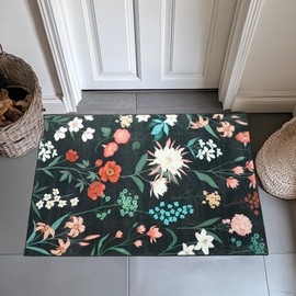 Instellar 2x3 Floral Entryway Rug - Soft Low-Pile Non-Slip Machine Washable Indoor Door Mat for Kitchen, Laundryroom, Front Door and Entryway, Small Black Entrance Rug