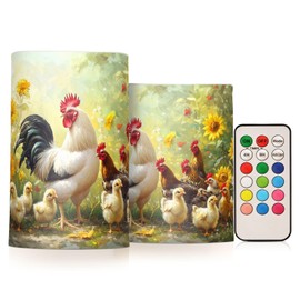 LFICRTAN Chickens Pattern Flameless Candles Battery Operated Color Changing LED Candles with Remote Control Timer Outdoor Indoor 2 Pack