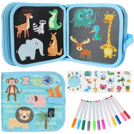 Qrytoi Erasable Book Doodle Set for Kids,Magic Drawing Book for Kids,Reusable Drawing Book 12 Watercolor Pens 14 Page Drawing,Road Trip Car Game Writing Painting Set for Boys and Girls (Zoo)