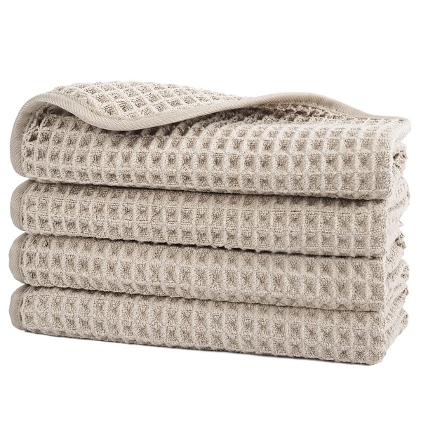Polyte - Microfibre Face Cloths - Lint-Free - Waffle Structure - Beige - 33 x 33 cm - Pack of 4
