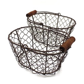 CVHOMEDECO. Metal Wire Small Egg Baskets Rust Fruit Baskets with Wooden Handle Country Vintage Style Storage Baskets. Set of 2