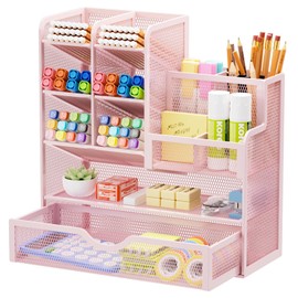 Marbrasse Pen Holder for Desk, Desk Organize with Drawer, Desk Organizers and Accessories for Office Art Supplies (Pink)