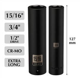 EMENTOL 2PCS 1/2 Inch Drive Extra Long Deep Impact Socket Set- 3/4 Inch and 15/16 Inch, CR-MO, SAE, 6 Point Extra Deep Socket, 5" Length