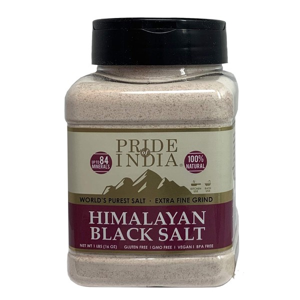 Pride Of India - Himalayan Black Salt (Kala Namak) Extra Fine, 1 Pound (16oz) Dual Sifter Jar - 84+ Natural Mineral Enriched - Great for Vegan Tofu Scrambles - Natural Faux Egg Flavor - Egg replacment