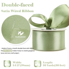 HUIHUANG Sage Green Satin Wired Ribbon 1-1/2 inch Spring Moss Wire Edge Ribbon for Bows, Gift Wrapping, Spring Wreaths, Garland, Wedding Decorations, Crafts, Christmas Tree-Continous 10 Yards