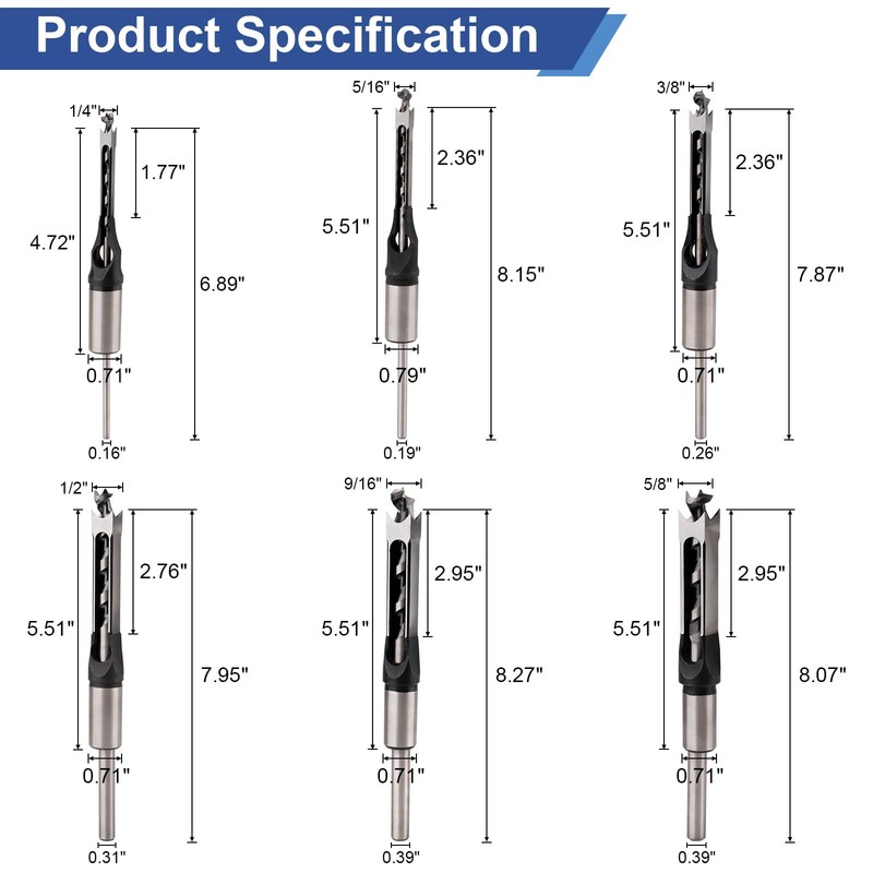 Devvicoo 6PCS Square Hole Drill Bit Set for Mortise and