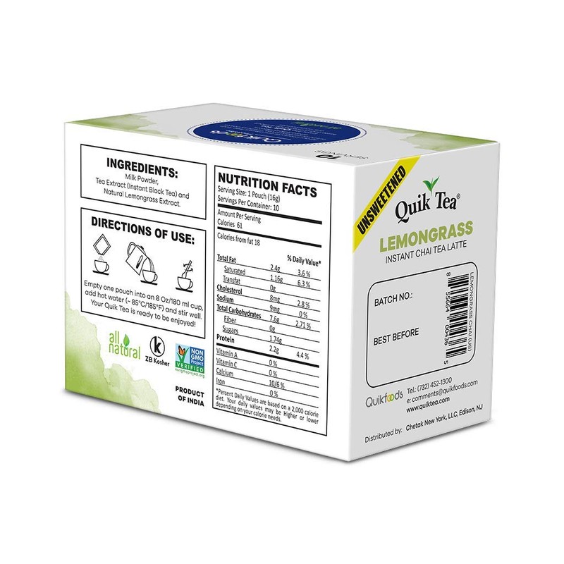 Quik Tea Unsweetened Lemongrass Chai Tea Latte - 10 Count