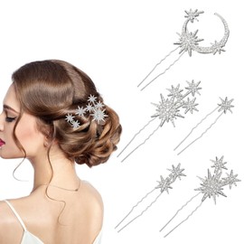 GEEHUA Pack of 5 Hair Clips with Rhinestones, Star and Moon, Sparkling Crystals, Bridal Hairpieces, Star Moon Wedding Hair Clips, Accessories Headpiece for Women and Girls (Silver)