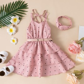 Toddler Baby Girl Summer Clothes Sleeveless Halter Polka Dot Kids Beach Party Princess Dresses with Belt Headband (Pink, 3-4 Years)