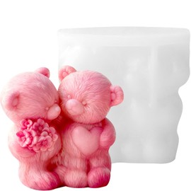 3D Rose Bear Silicone Candle Molds, Couple Teddy Bear Candle Molds for Candle Making Valentine‘s Day Candle Silicone Molds Epoxy Resin Wax Melt Molds for DIY Craft Candle Soap Valentine's Day Gift