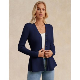 GRACE KARIN Long Sleeve Sweaters for Women Button Down Peplum Fitted Cardigan Wool Blend Ribbed Outwear Navy Blue M
