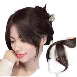Anemone Natural Human Hair Bangs Side Fringe for Women Middle Part False Bangs Clip-in Extensions Invisible Hairpieces Human Hair Topper (Dark Brown Color)