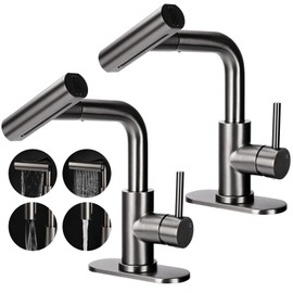 Bietor Bathroom Sink Faucet with 4 Mode Pull Down Sprayer, Matte Grey Single Handle Pull Out Faucet with Pop-Up Drain, 1 or 3 Hole Laundry Bar Basin Faucet with Deck Plate
