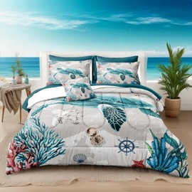 Bedbay 8 Pieces Nautical Bedding Set Sea Turtle Full Size Comforter Set with Sheets Turquoise Comforter Retro Turtle Bedding Set for Kids Boys Girls Ocean Themed Soft Fluffy Bed Set(Ocean,Full)