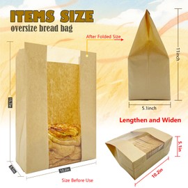 HiCivan 15.7x10.2x5.1in Extra Large Paper Bread Bags for Homemade Bread with Window&Sticker for Supersized Sourdough Bread, Oversized Bread Loaf, Baked Goods, Packaging for Gifting-Brown Kraft 50Pcs