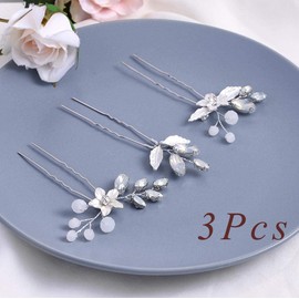 Zoestar Bride Wedding Hair Pins Silver Rhinestone Headpiece Bridal Flower Leaf Hair Clips for Women and Girls(Pack of 3)