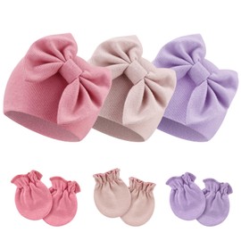 BQUBO Newborn Baby Hospital Hats Beanie Bow Infant Caps Baby Cotton No Scratch Mittens Set for 0-6 Months