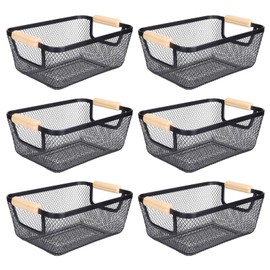 6Pack Black Wire Basket with Wooden Handle,Storage Bins for Pantry,Metal Mesh Basket for Kitchen Organization,Snack Basket Organizer for Home Cabinet Closet Bathroom Fridge Fruit Makeup and Office