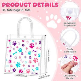 Supervitae 36 Pcs Colorful Dog Paw Bone Print Clear Favor Bags with Handle Reusable Plastic PVC Puppy Gift Bag Goodies Treats Totes for Pet Birthday Christmas Party Supplies, 8 x 8 x 3.15 Inch