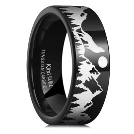 King Will Tungsten Carbide Wedding Band for Men - 8mm Black High Polished Howling Wolves Landscape Scene Ring for Everyday Wear Comfort Fit 8.5