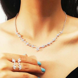 EVAZEN Bridal Rhinestone Jewelry Set Sparkly Crystals Necklace Bracelet Earrings Wedding Dresses Accessories for Women