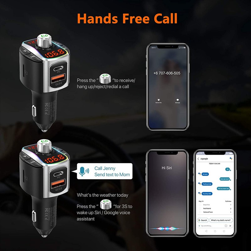 Bluetooth 5.0 FM Transmitter Dual Screen Display 3 USB Ports