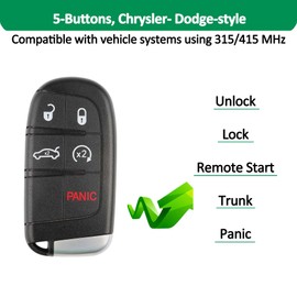 Autel IKEYCR5TPR Programmable 5-Button Smart Key for Chrysler Dodge, Green Plastic Fob, Compatible with Passenger Car, Ultra-Long Range (40m/130ft), 315/415MHz, Includes Rescue Blade