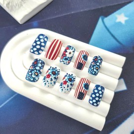Independence Day Press on Nails Medium Square Fake Nails with Blue Flower American Flag Designs 4th of July Nails Press ons Glossy Glue on Nails White False Nails Red Stick on Nails for Women 24Pcs