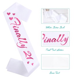 HUBEISIYU Finally 21 Birthday Sash, 21st Birthday Gifts idea for Girl, Funny 21st Birthday Party Suppiles, White+ Pink(Finally 21)