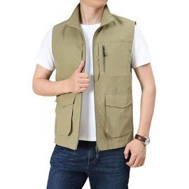 Hixiaohe Men's Casual Lightweight Outdoor Vest Work Fish Photo Travel Golf Vest Zip up Sleeveless Jacket with Pockets(08 Khaki,L)
