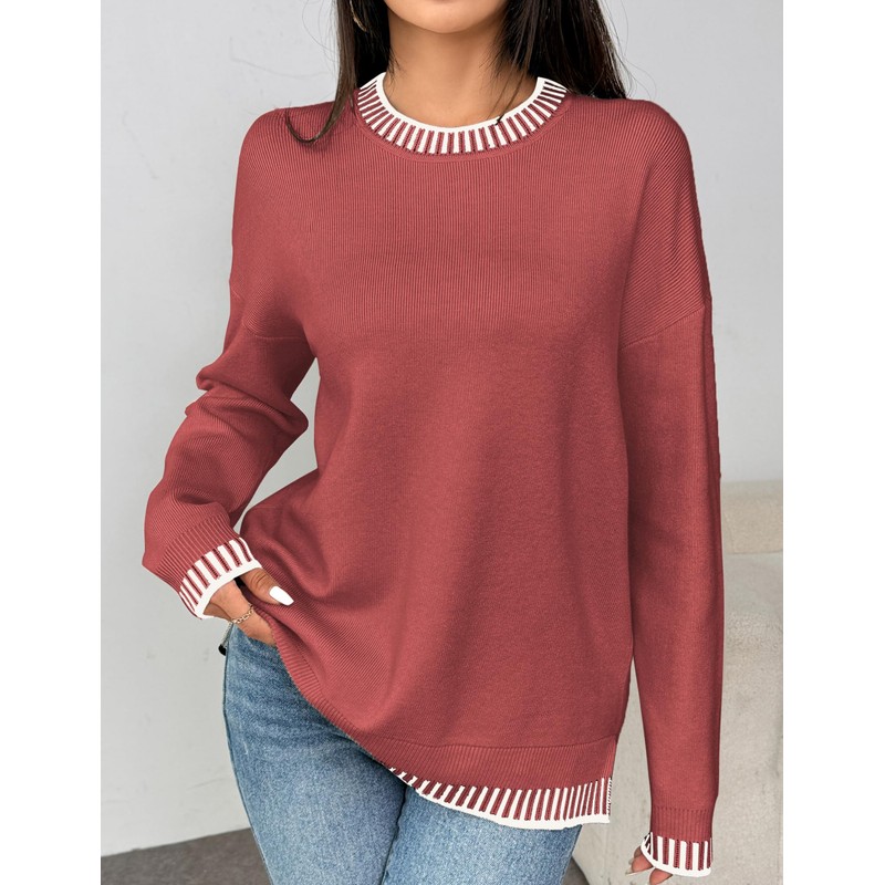 Zeagoo Womens Crewneck Pullover Sweater Long Sleeve Knit Side Slit