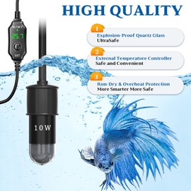 TobeBright 10W Mini Submersible Digital Aquarium Heater DC5V Fish Tank Heater with Thermometer, External Temperature Controller, LED Display, 3L Turtle Tank Heater for Betta Fish, Frog, Newt, Turtle