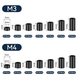 Pack of 360 ABS Spacers, Plastic, Round, Black, Spacer Sleeves M3 M4. Nylon Spacer Wall & Screws, Non-Threaded Column Spacers, Spacer Set with Storage Box