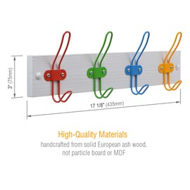 Tibres - Kids Coat Hook Rack for Boys and Girls for Jackets Clothes Hats Backpacks Robes and Towels - Kids Hanger for Use in Nursery Bedroom and Bathroom - Safe Colorful Wire Hooks and White Rail