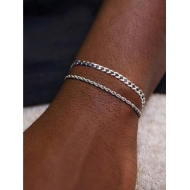 Men's Simple Style Stainless Steel Chain Bracelet, Fashion Jewelry for Party, Daily Decor, Trendy All-match & Exquisite Jewelry for Birthday Gift, Couples Gifts, Bracelets Stack:_Silver_2 pieces
